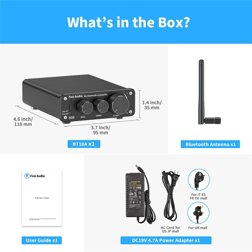 Bluetooth 2 Channel Sound Power Stereo Amplifier with treble and bass controls, compact design, and Bluetooth 5.0 connectivity.